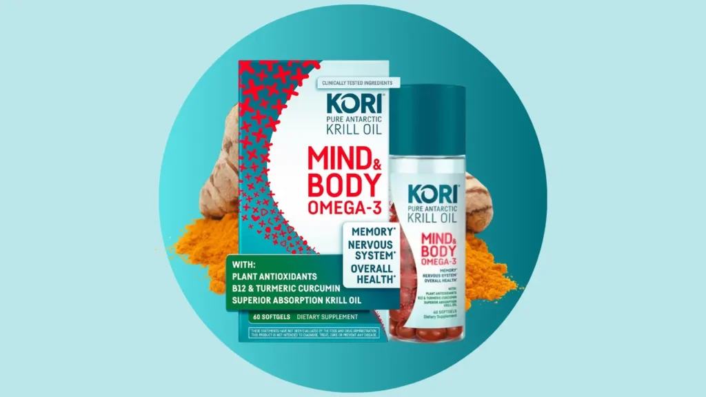 kori krill oil mind & body omega 3 supplements with b12 and turmeric 